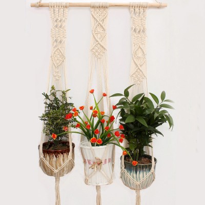 3 PCS Macrame Plant Hanger Indoor Outdoor Hand Knit Hanging Planter Wood Stick Basket Wall Art   